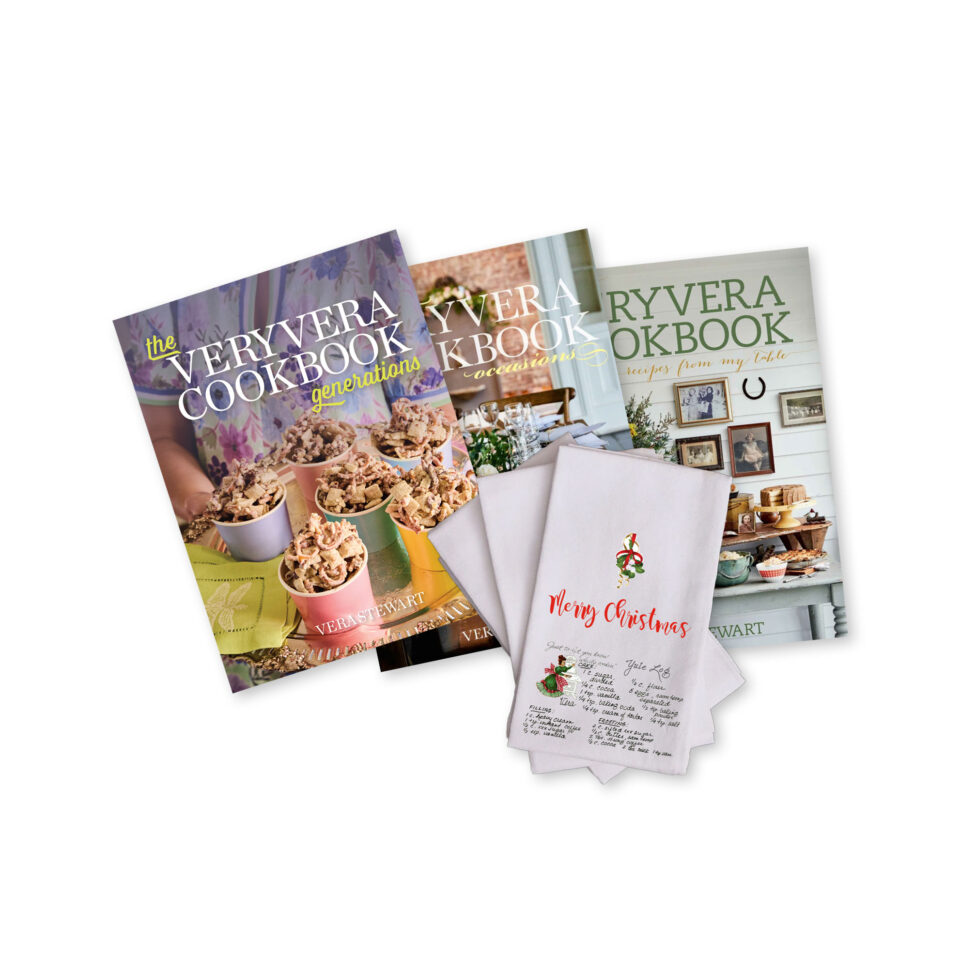 The VeryVera Trilogy Cookbook Bundle with Yule Log Tea Towel
