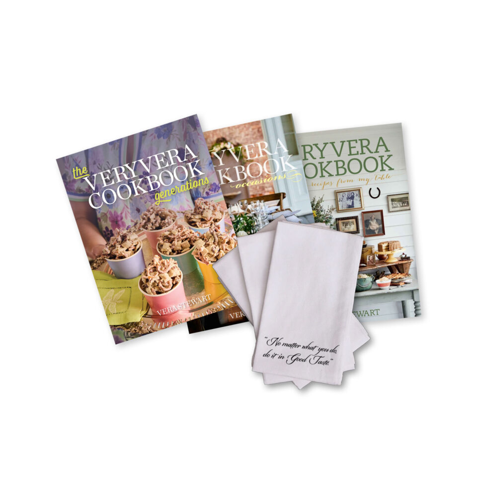 The VeryVera Trilogy Cookbook Bundle with NMW Black & White Tea Towel