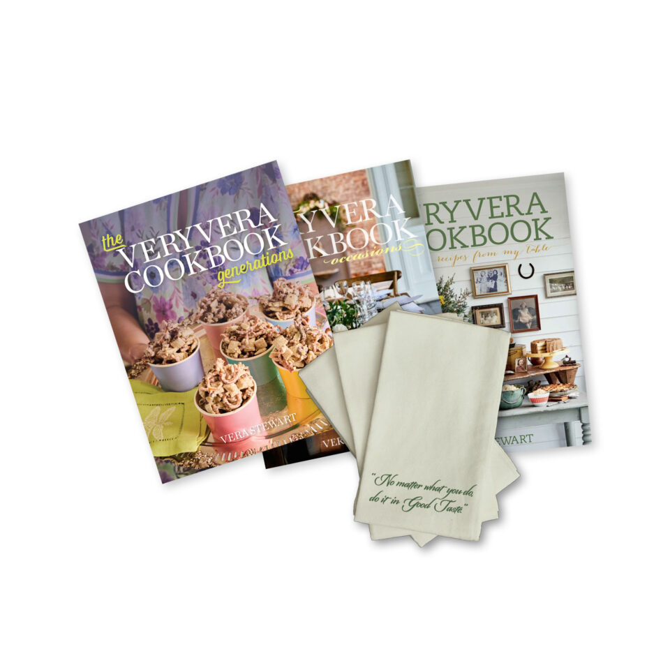 The VeryVera Trilogy Cookbook Bundle with NMW Sage & Beige Tea Towel
