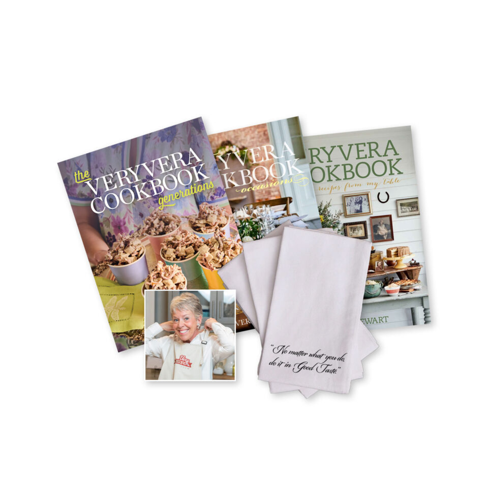 The VeryVera Trilogy Cookbook Bundle with NMW Black & White Tea Towel + Apron