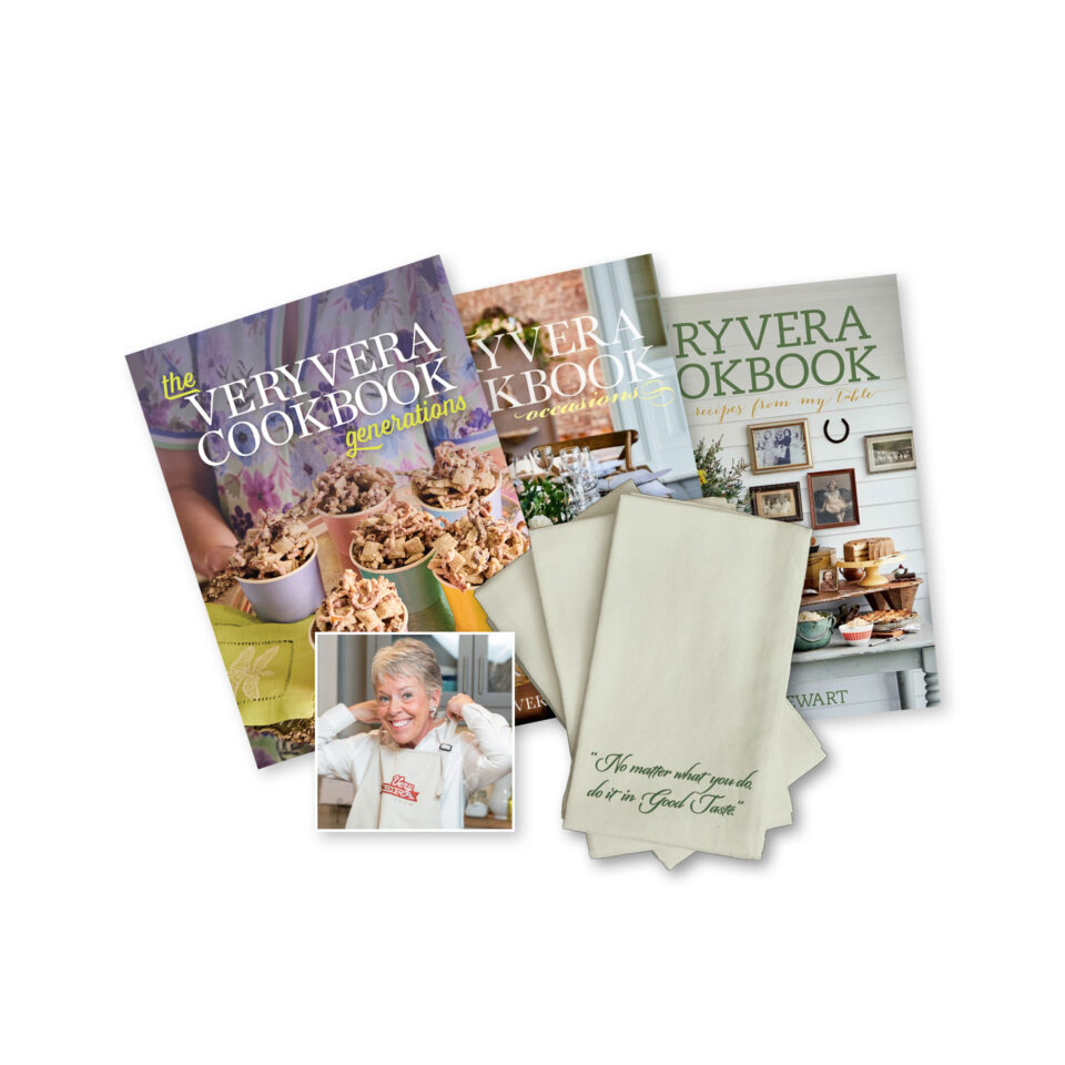 The VeryVera Trilogy Cookbook Bundle with NMW Sage & Beige Tea Towel + Apron